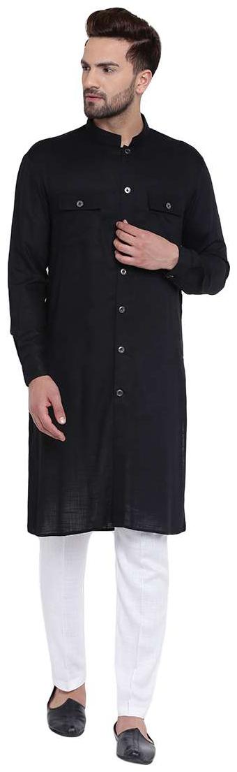 

I Know Modish Mandarin Collar Front Open Black Men s Kurta with White Pyjamas