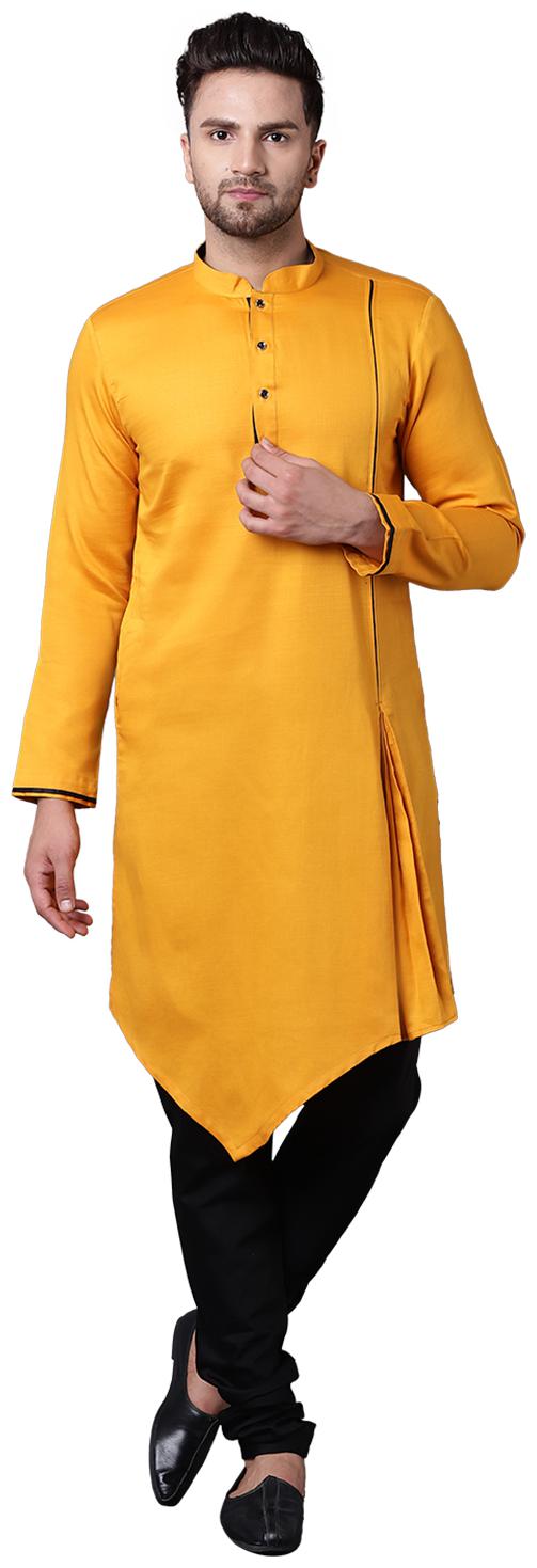 

I Know Modish Pleated Gusset Mustard Men s Kurta with Black Churidar