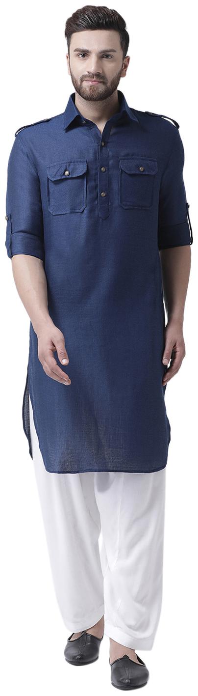 

I Know Navy Blue Jute Silk Men Pathani Kurta Only