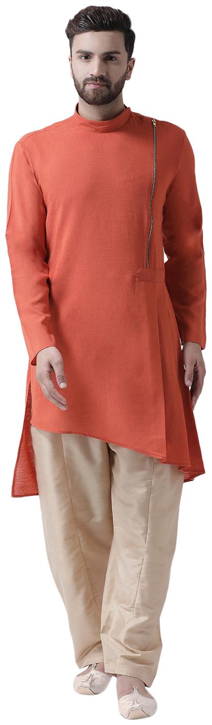

I Know Pleated Zipper Orange Cotton Silk Men Kurta with Silk Blend Salwar