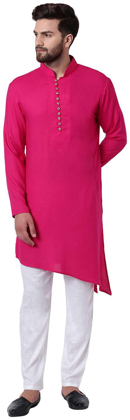 

I Know Popular Asymmetric Hemline Pink Men s Kurta with White Pyjamas