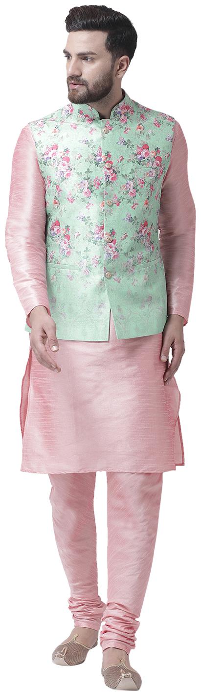 

I Know Rococo Floral Ombre Print Sea Green Dupion Silk Mens Nehru Jacket with Pink Dupion Silk Kurta Pyjama