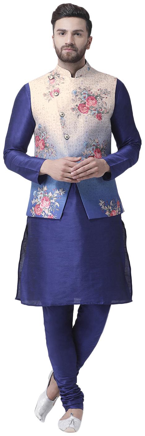 

I Know Roman Floral Ombre Print Cream Dupion Silk Mens Nehru Jacket with Royal Dupion Silk Kurta Pyjama