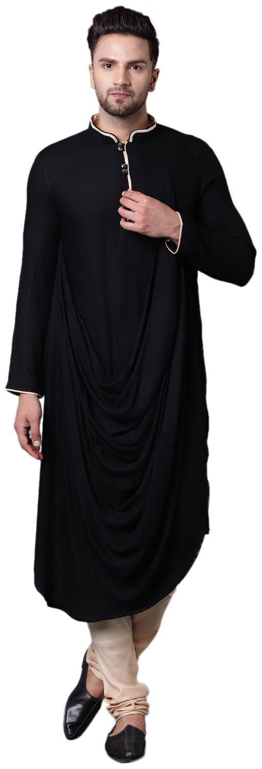 I Know Royal Front Drape Black Men's Kurta Only