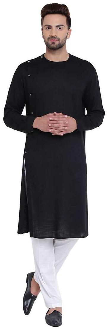 

I Know Sharp Side Placket Black Men s Kurta with White Pyjamas