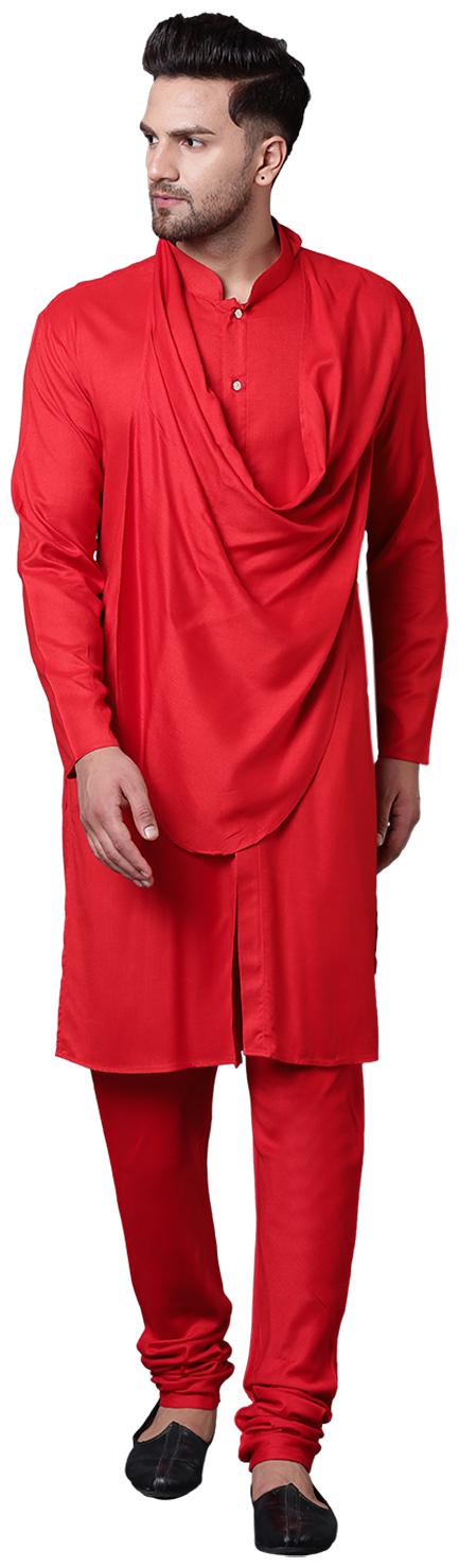 

I Know Stylish Shawl Neck Red Men s Kurta with Red Churidar