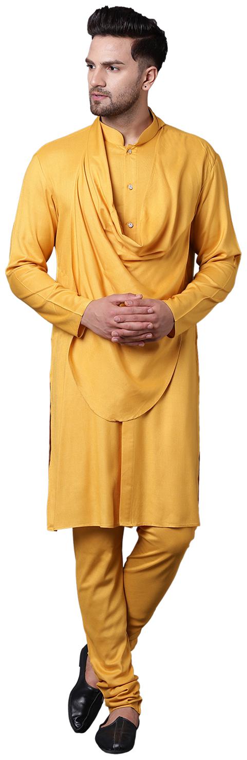 

I Know Stylish Shawl Neck Mustard Men s Kurta with Mustard Churidar
