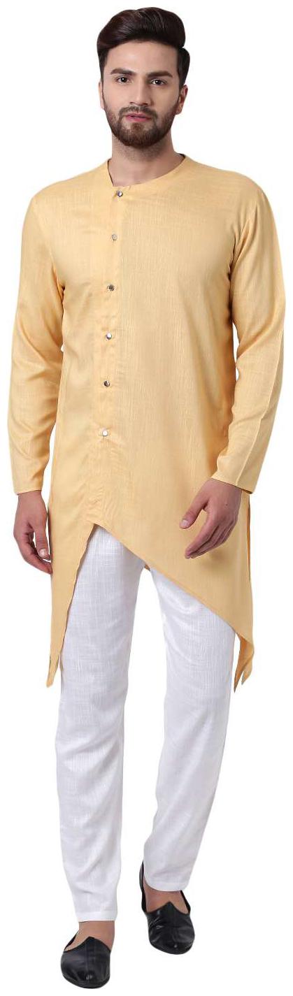 

I Know Swanky Collarless Asymmetric Beige Kurta with White Pyjamas