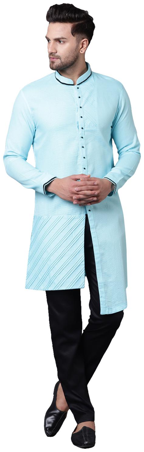 

I Know Swanky Pintucked Front Open Turquoise Blue Men s Kurta with Black Trousers