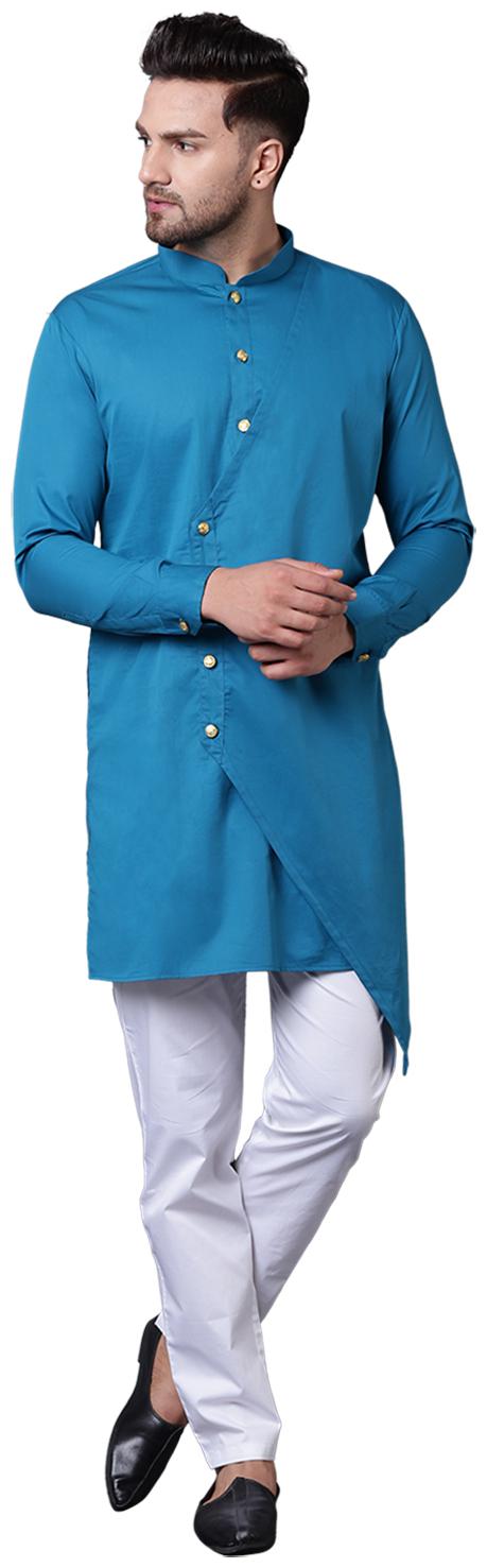 

I Know Trendy Asymmetric Overlap Teal Men s Kurta with White Trousers