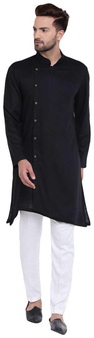 

I Know Trendy Asymmetric Sherwani Style Black Men s Kurta with White Pyjamas