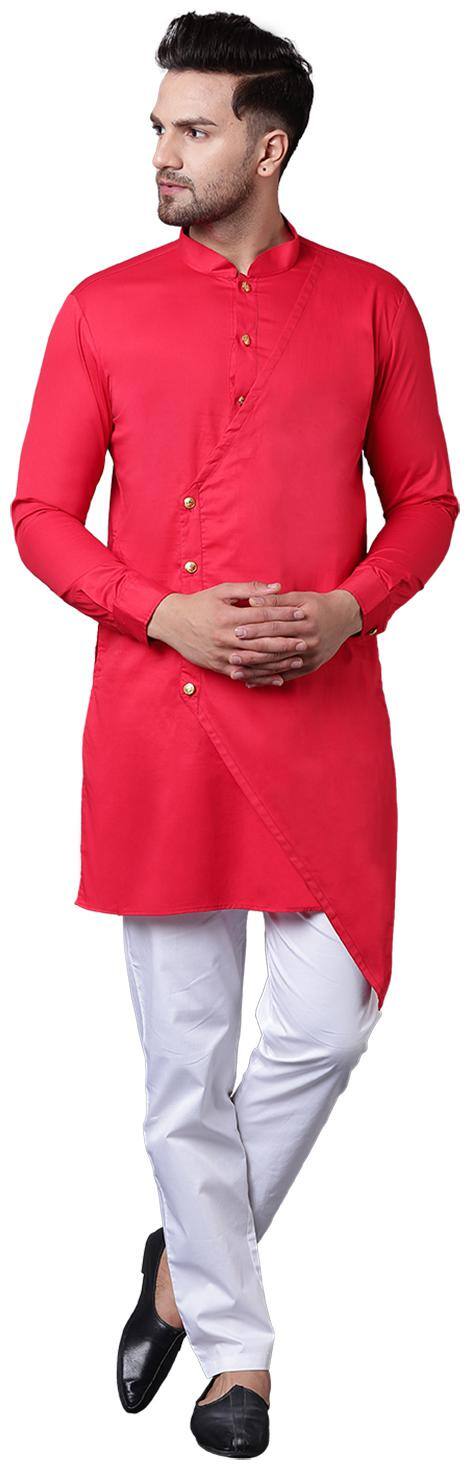 I Know Trendy Asymmetric Overlap Red Men's Kurta Only