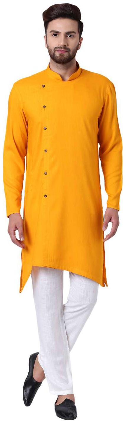 

I Know Trendy Asymmetric Sherwani Style Mustard Kurta with White Pyjamas