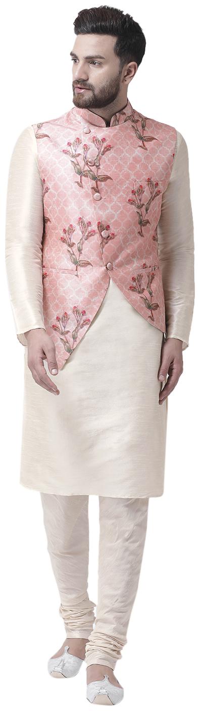 

I Know Vintage Botanical Print Pink Dupion Silk Mens Nehru Jacket with Cream Dupion Silk Kurta Pyjama