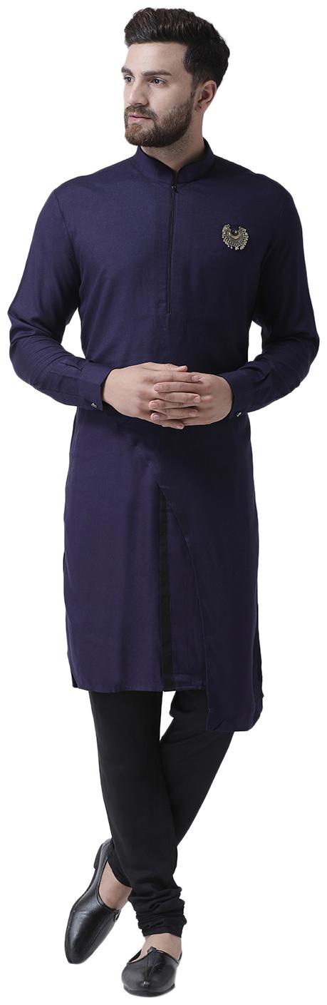

I Know Zipper Closure with Brooch Navy Blue Viscose Rayon Men Kurta with Viscose Rayon Churidar