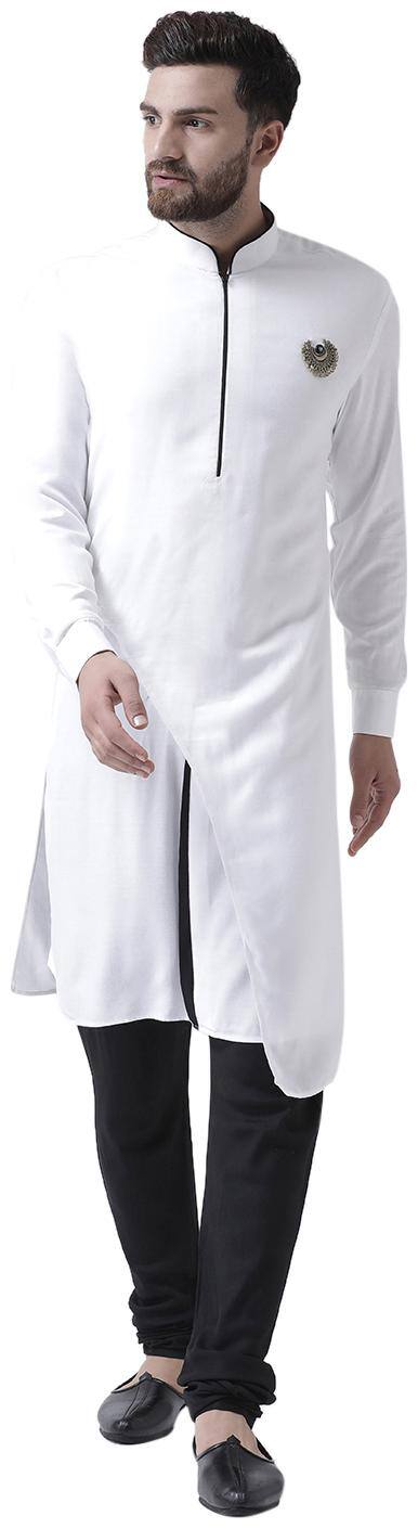 I Know Zipper Closure with Brooch White Viscose Rayon Men Kurta Only