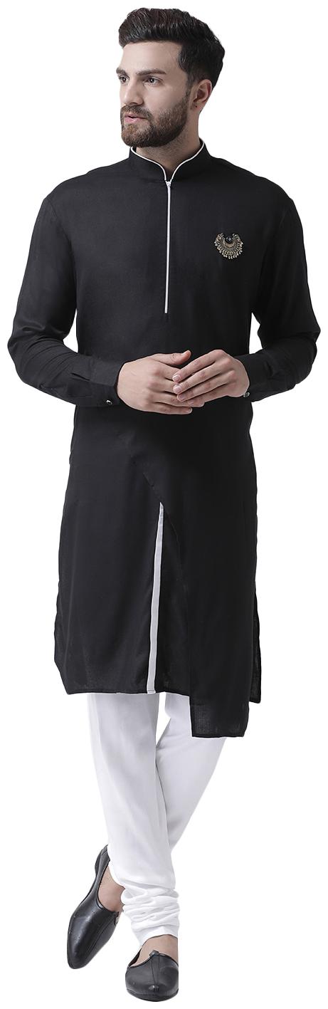 

I Know Zipper Closure with Brooch Black Viscose Rayon Men Kurta with Viscose Rayon Churidar