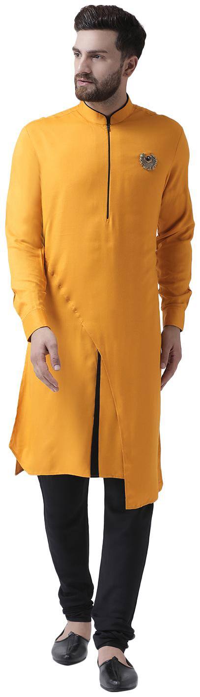I Know Zipper Closure with Brooch Mustard Viscose Rayon Men Kurta Only
