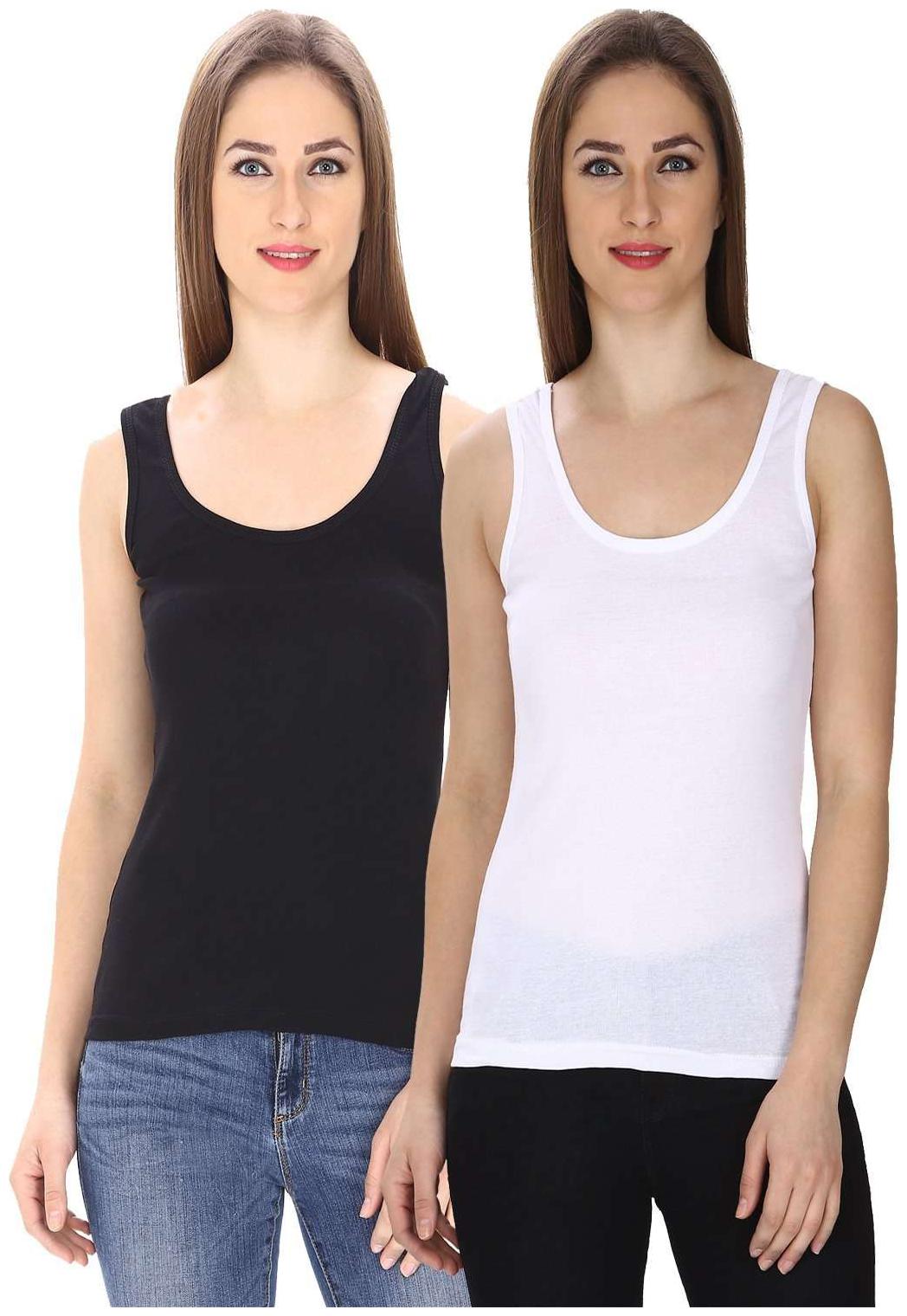 

I Shop Girls Women s Black White Cotton Lycra Tank Top Spaghetti Combo Offer Pack of 2