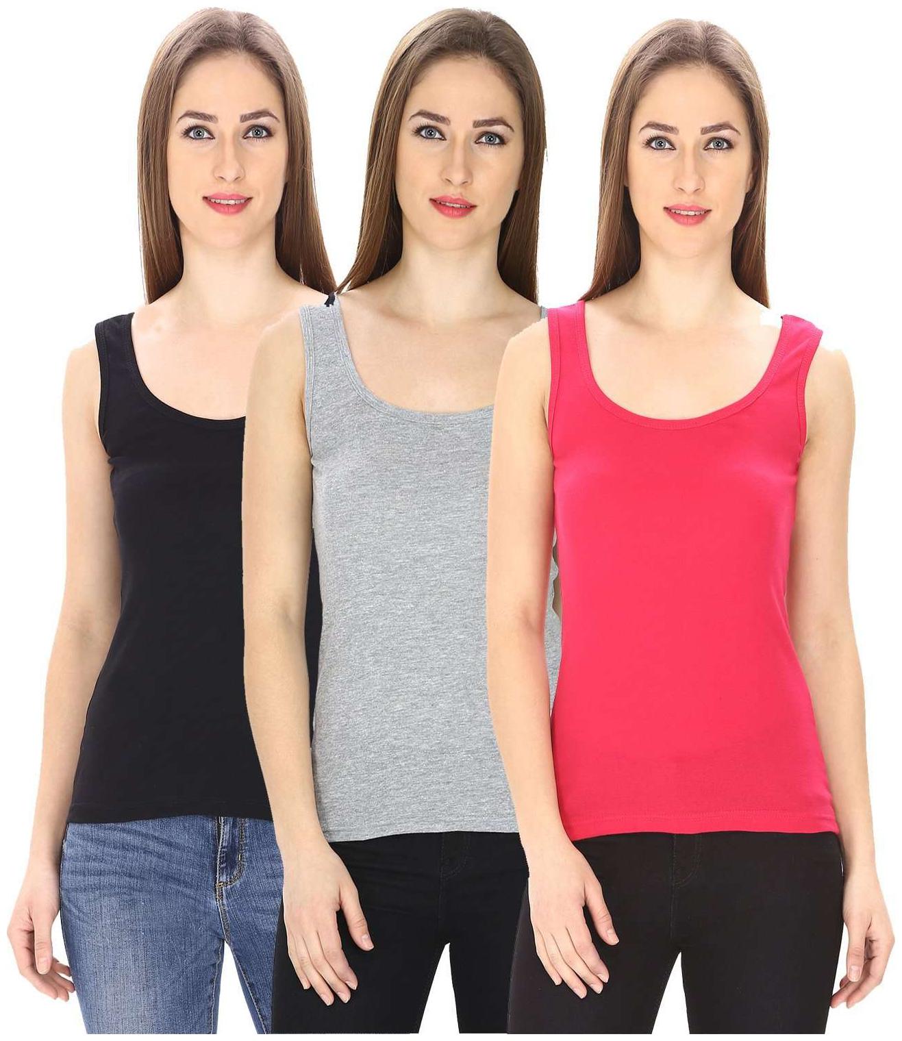 

I Shop Girls Women s Black Grey Pink Cotton Lycra Tank Top Spaghetti Combo Offer Pack of 3