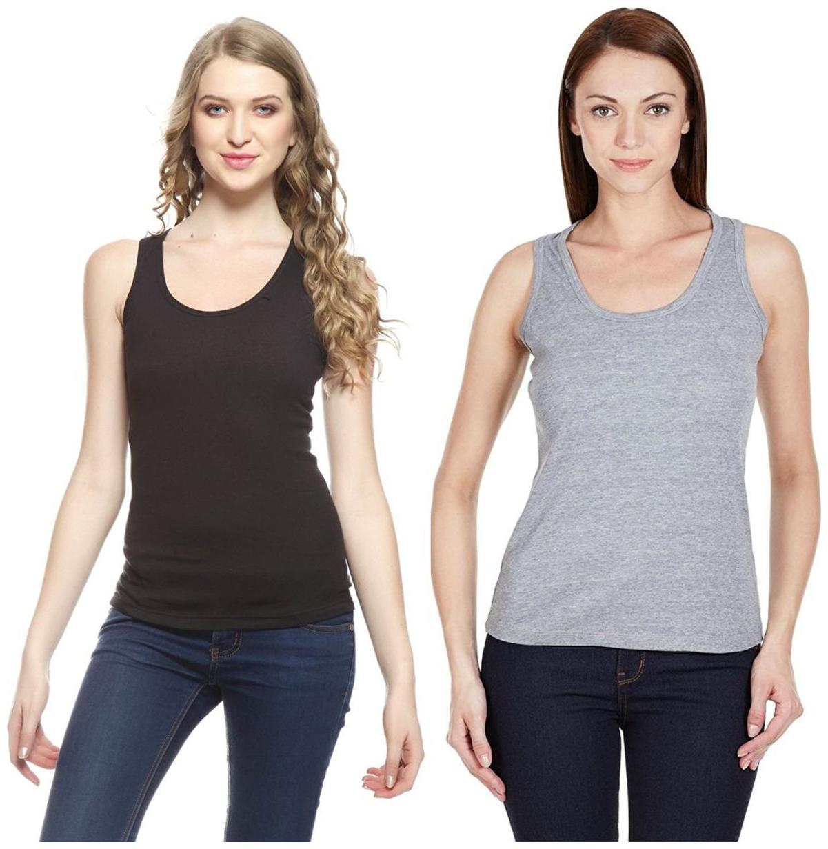 

I Shop Girls Women s Black Grey Cotton Lycra Tank Top Spaghetti Combo Offer Pack of 2