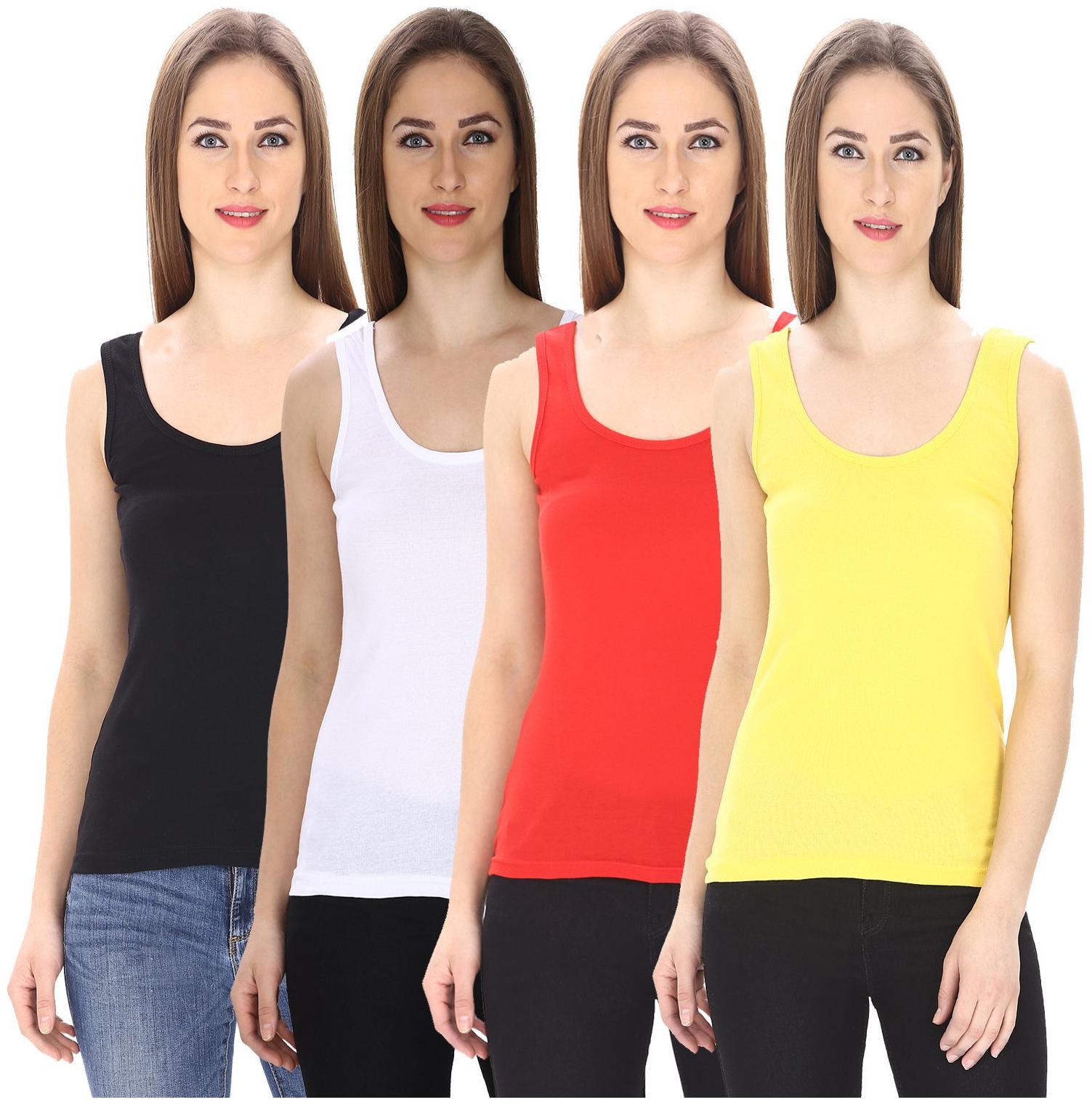 

I Shop Girls Women s Black White Red Yellow Cotton Lycra Tank Top Spaghetti Combo Offer Pack of 4
