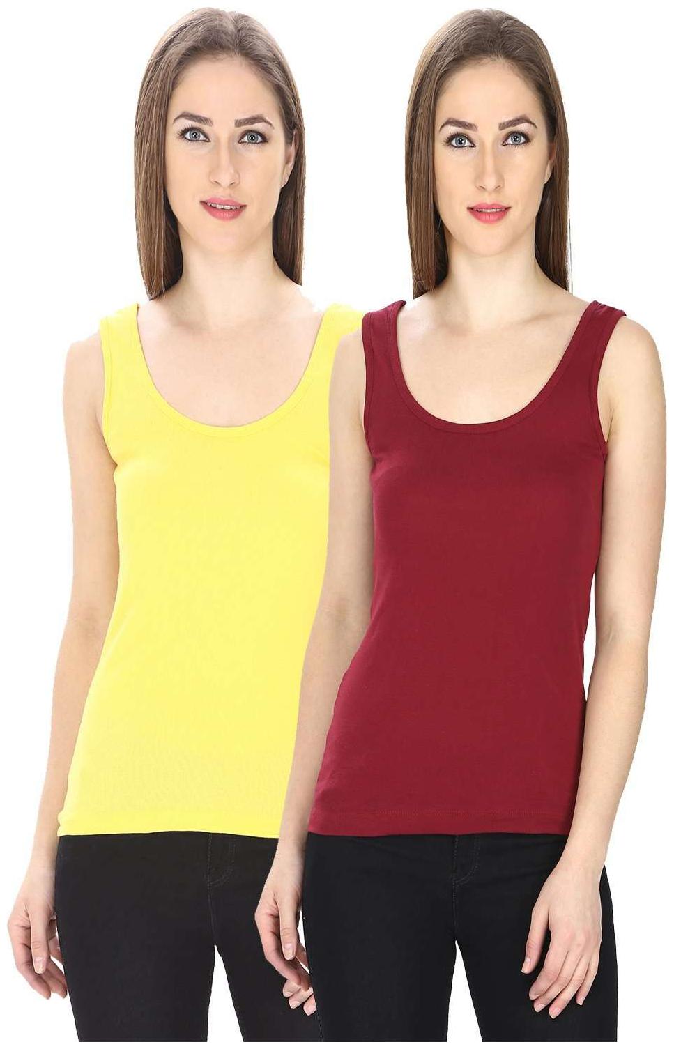 

I Shop Girls Women s Yellow Mehron Cotton Lycra Tank Top Spaghetti Combo Offer Pack of 2