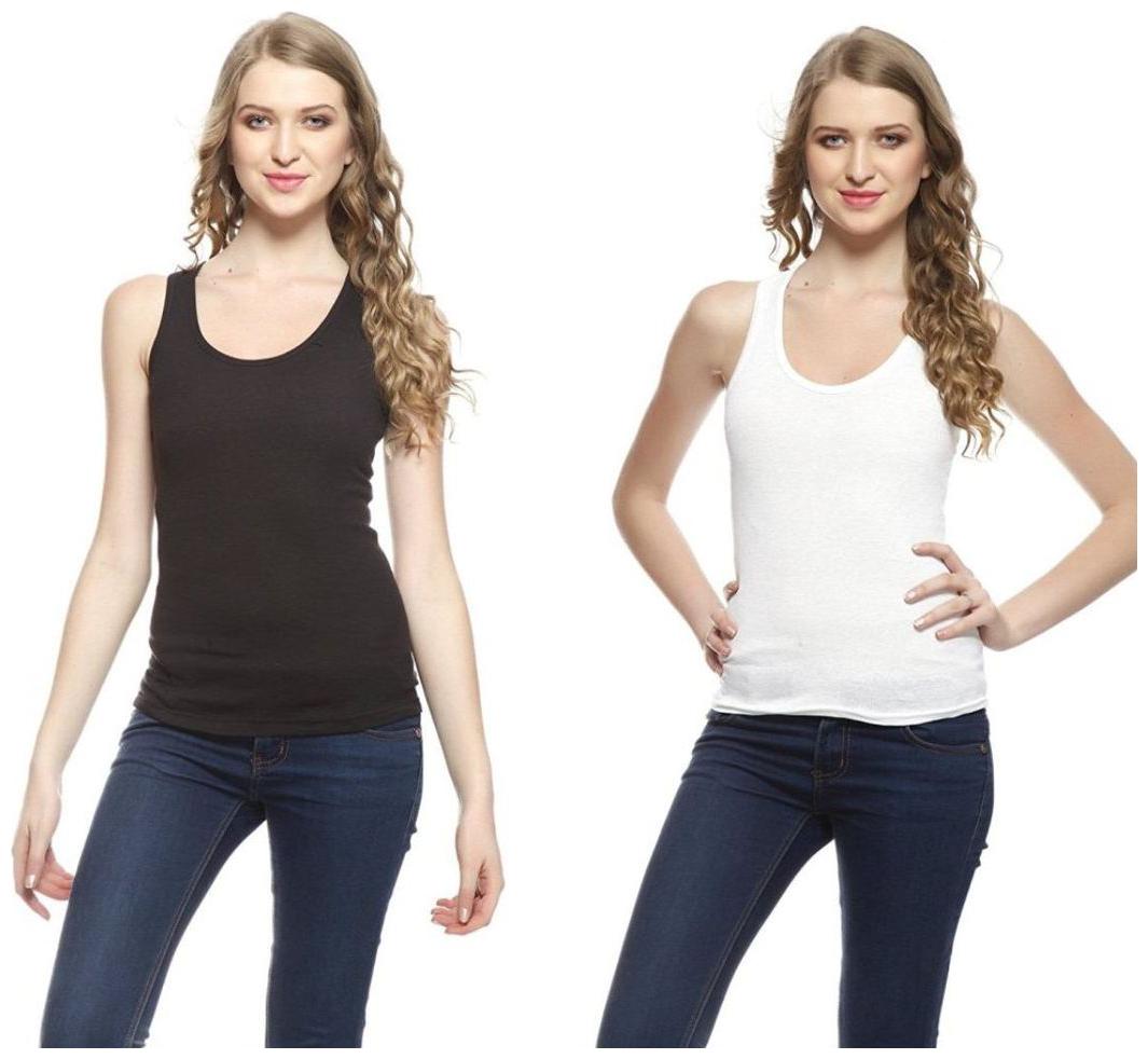 

I Shop Girls Women s Black White Cotton Lycra Tank Top Spaghetti Combo Offer Pack of 2