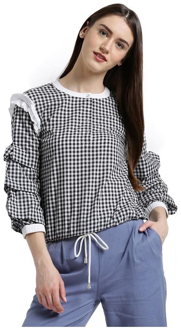 

Texco Women Black white Checked Blouson top Top