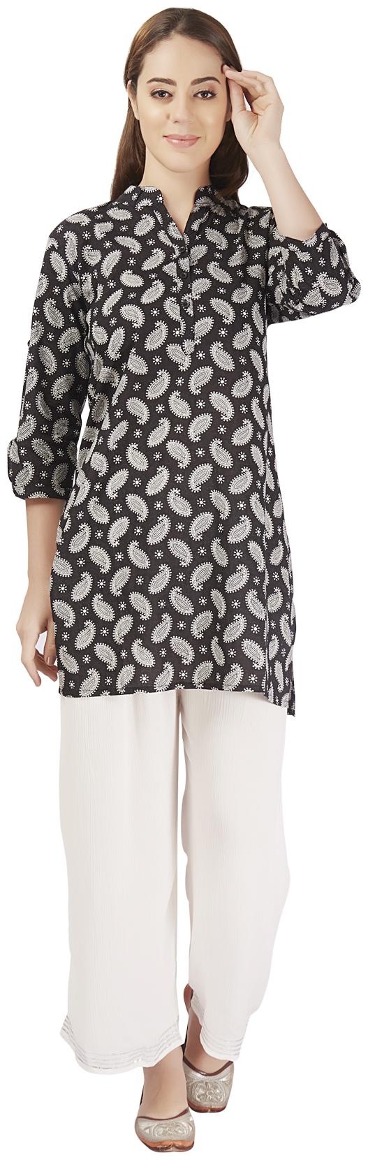

INDI MODA Women Printed Self design Regular tunic - Black White