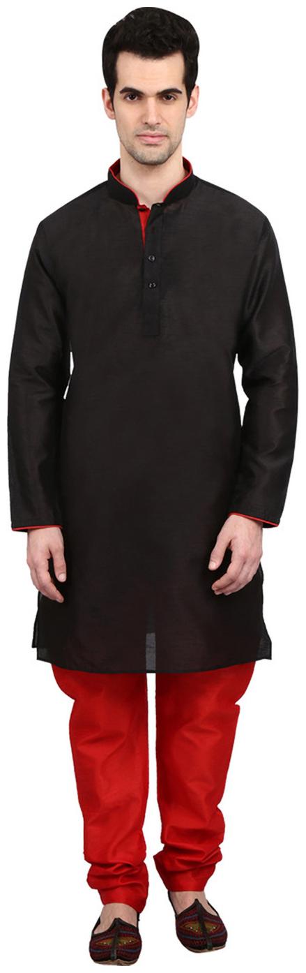 

indian ATTIRE Ethnic Blended Silk Black Kurta And Red Churidar For Men