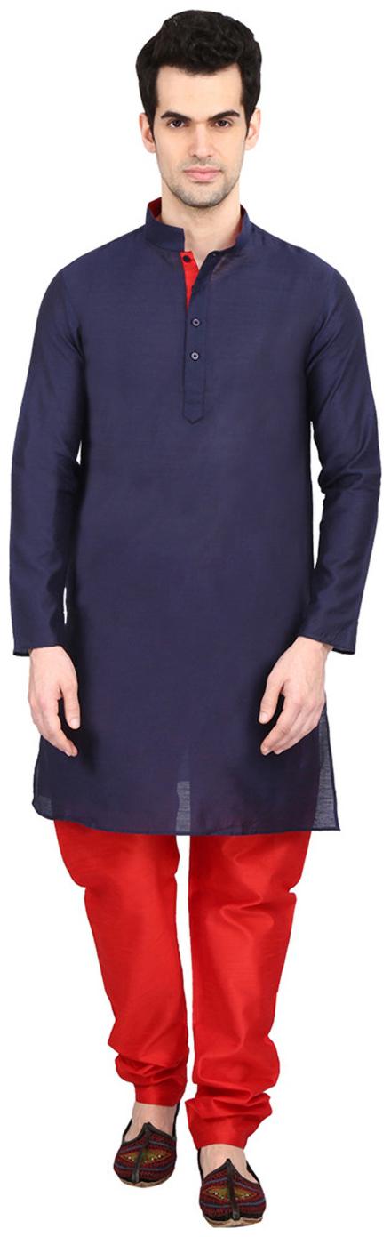 

indian ATTIRE Blended Silk Embellished Navy Blue Kurta And Red Churidar For Men
