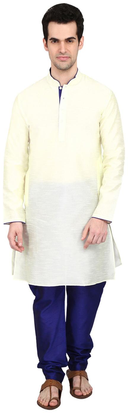 

indian ATTIRE Ethnic Blended Silk Cream Kurta And Royal Blue Churidar For Men