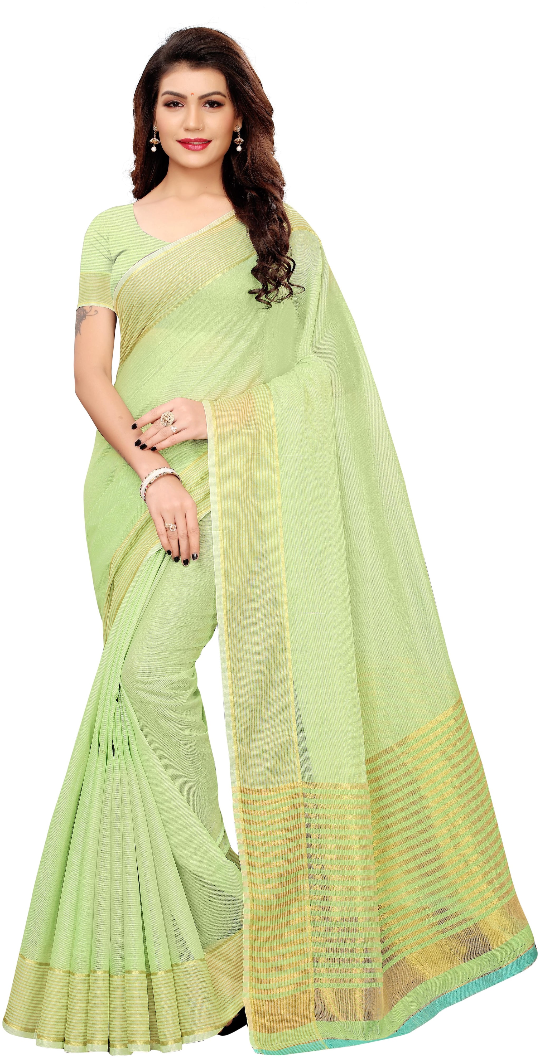

Indian Beauty Green Striped Universal Regular Saree With Blouse With blouse