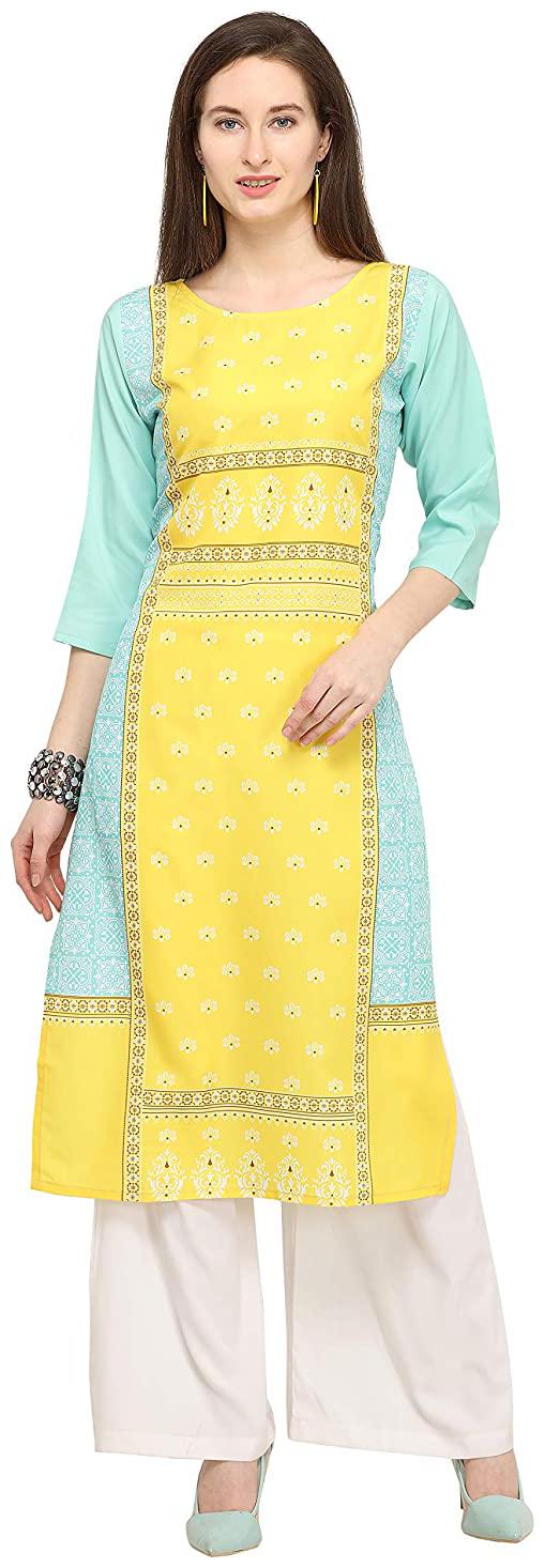 

Indian Beauty Women Yellow Blue Floral Straight Kurti