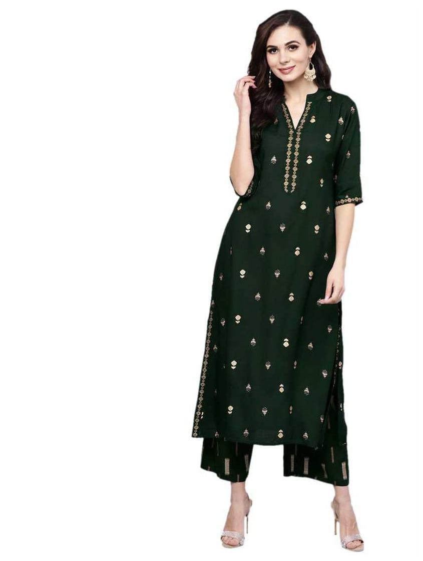 

Indian Beauty Viscose Rayon Printed Dark Green Kurta With Palazzo Set Women