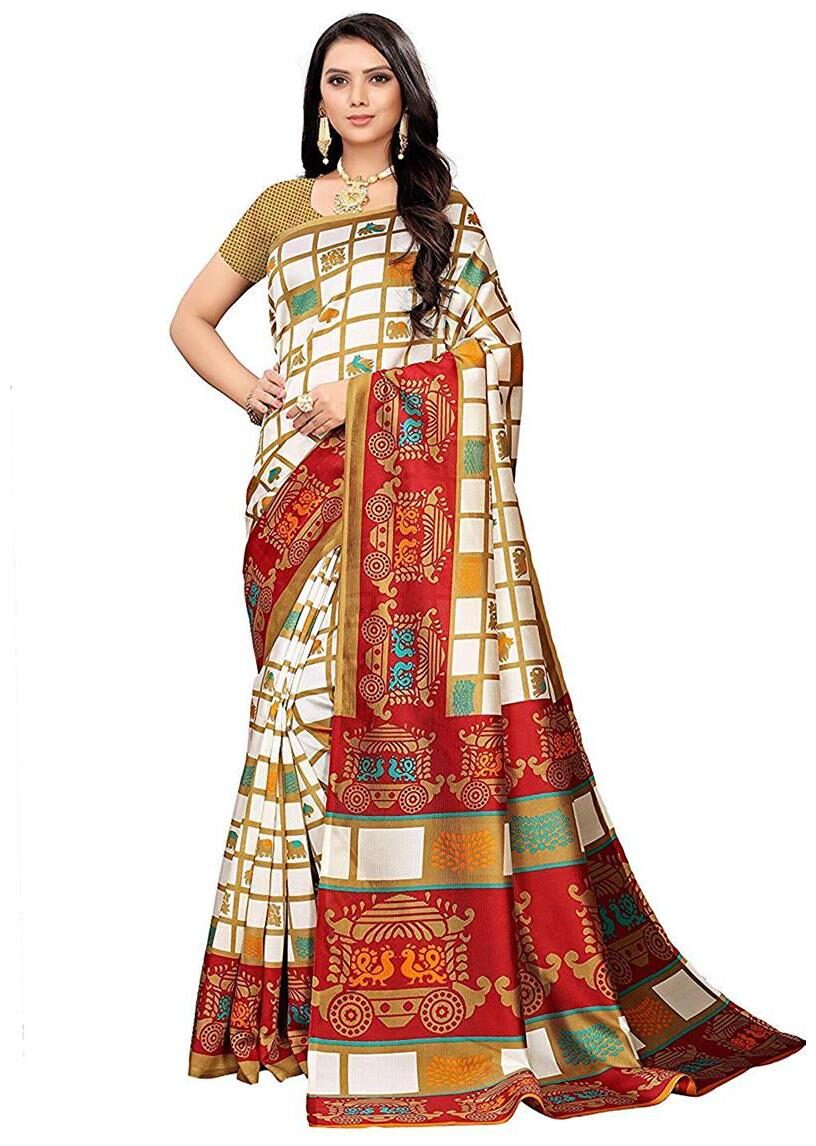 

Indian Beauty White Red Checkered Universal Regular Saree With Blouse With blouse