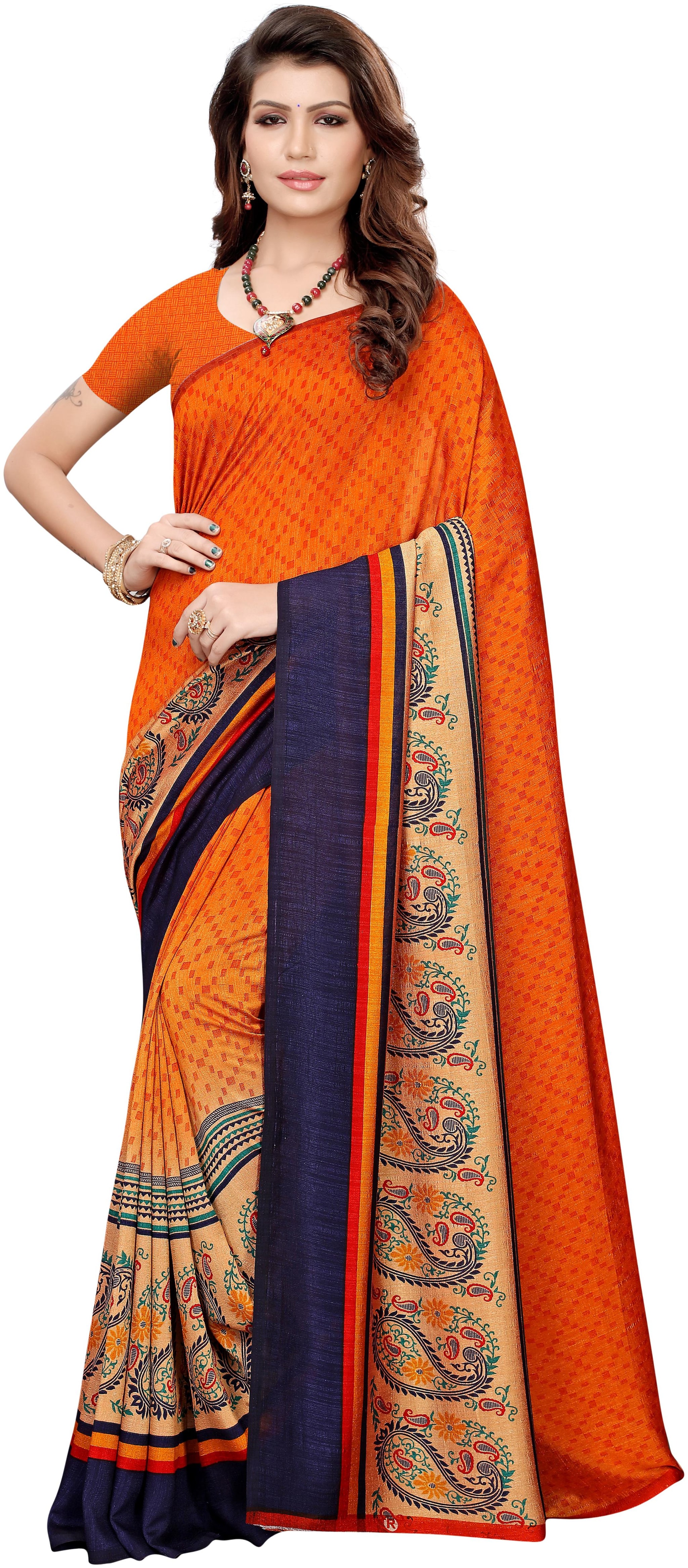 

Indian Beauty Women Blended Universal Saree Orange color