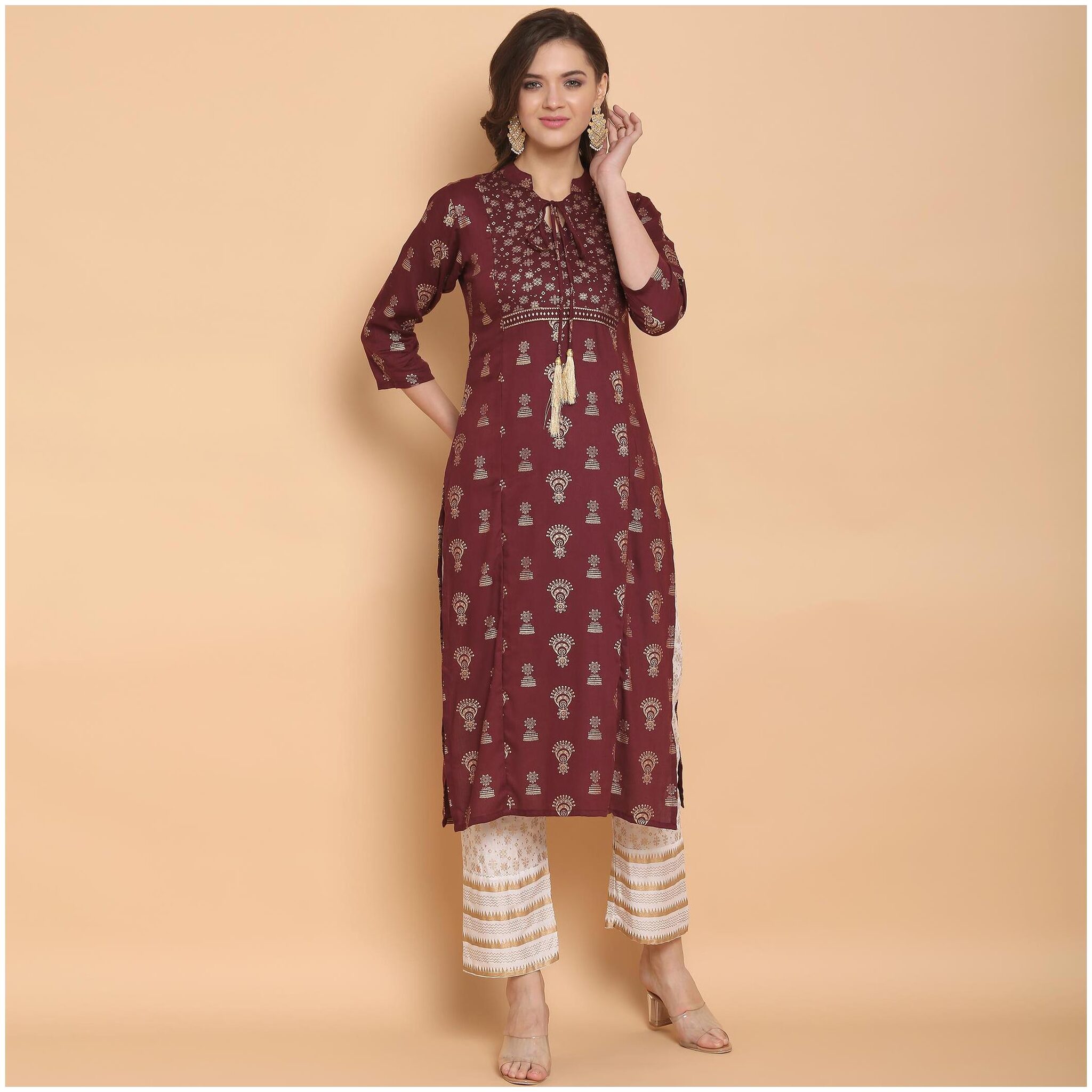 

Indian Beauty Women Viscose Rayon Foil Print Brown Kurta With Pants