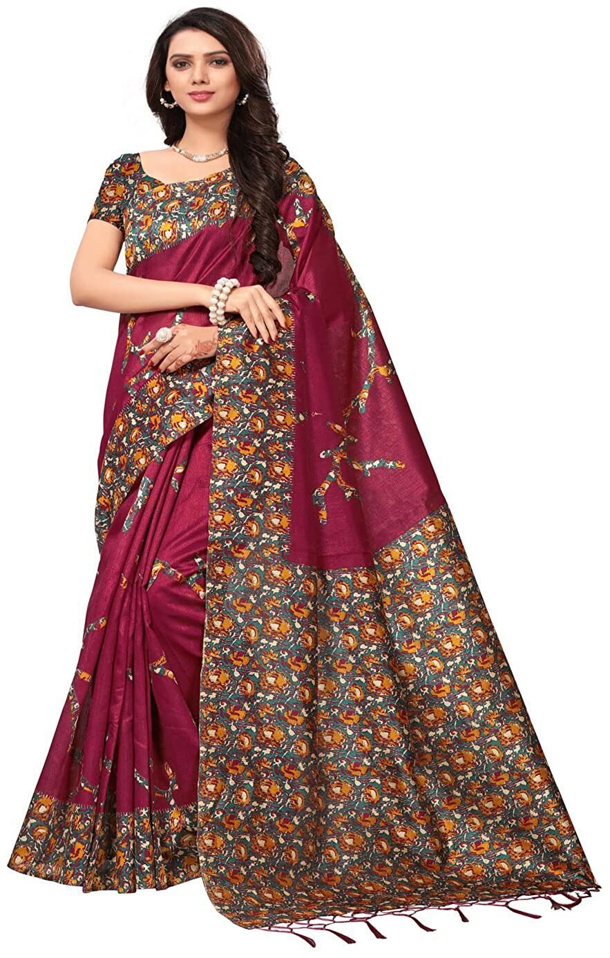 

Indian Beauty Women Silk Printed Maroon Regular Saree With Blouse