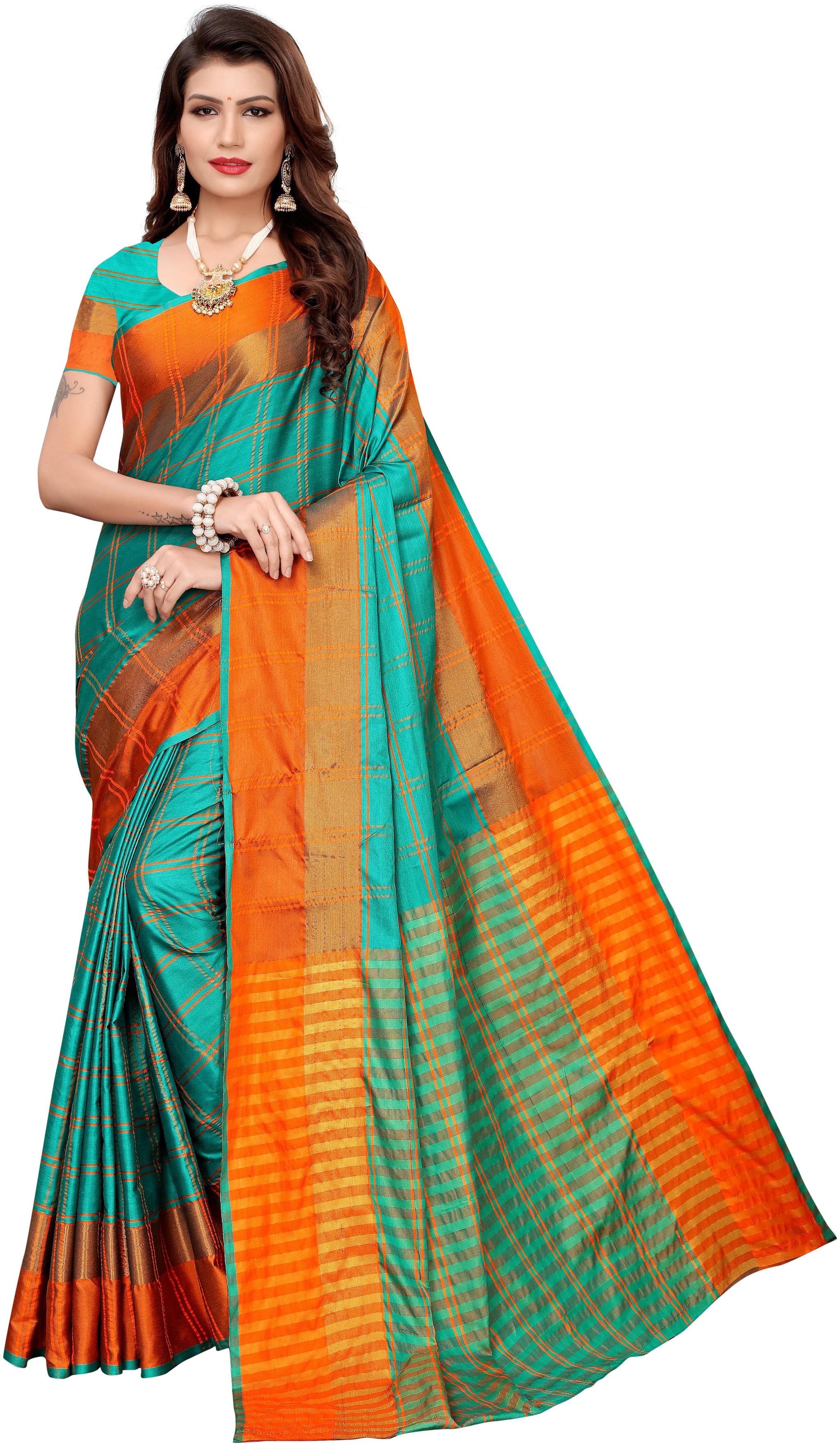 

Indian Beauty Turquoise Striped Universal Regular Saree With Blouse With blouse