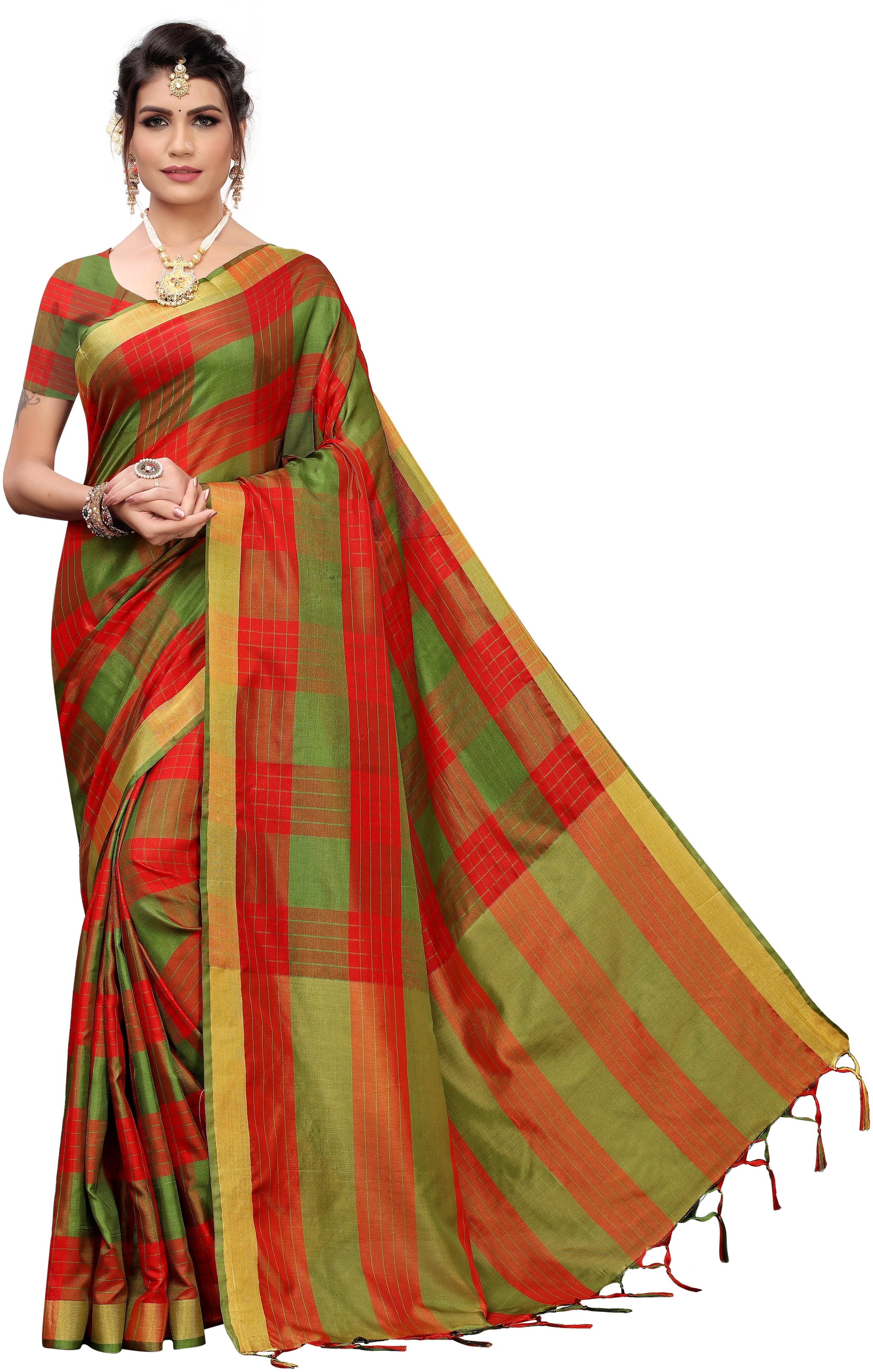 

Indian Beauty Red Checkered Universal Regular Saree With Blouse With blouse