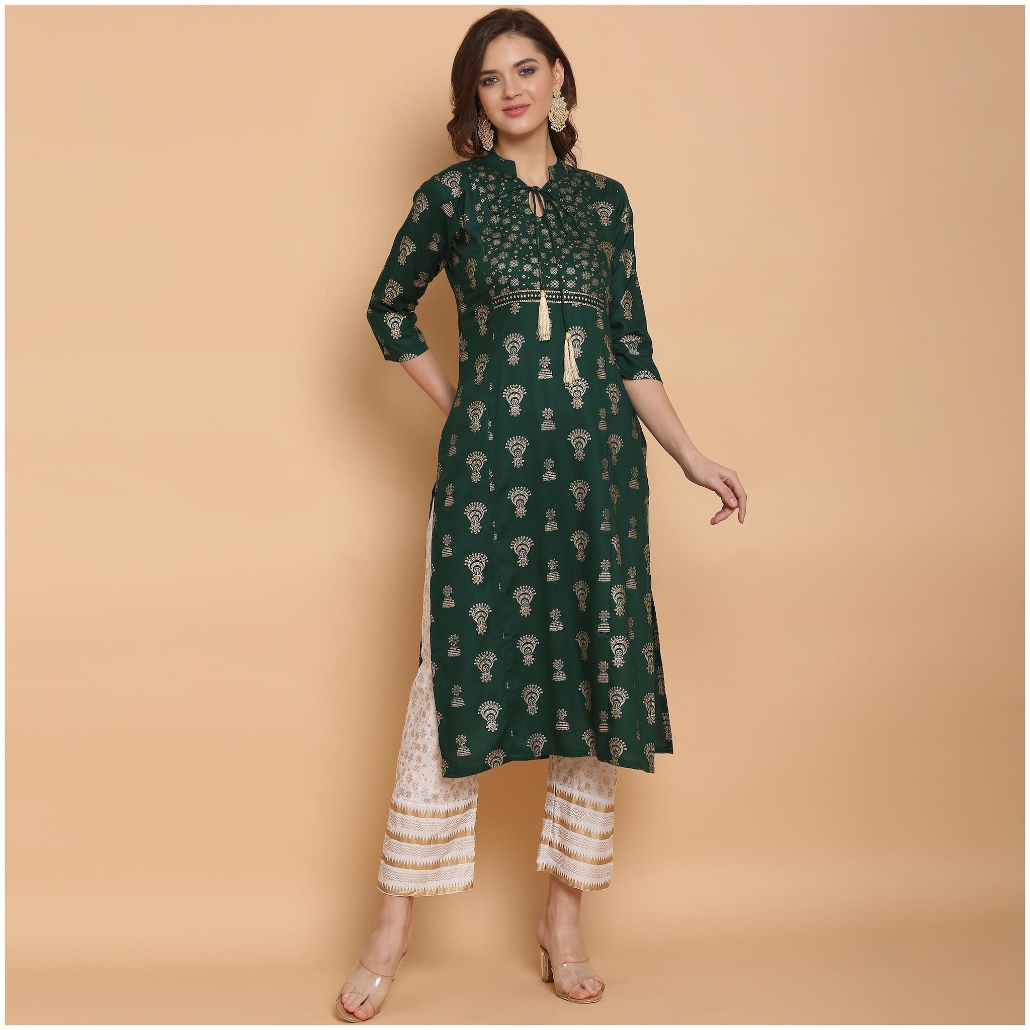 

Indian Beauty Women Viscose Rayon Foil Print Green Kurta With Pants