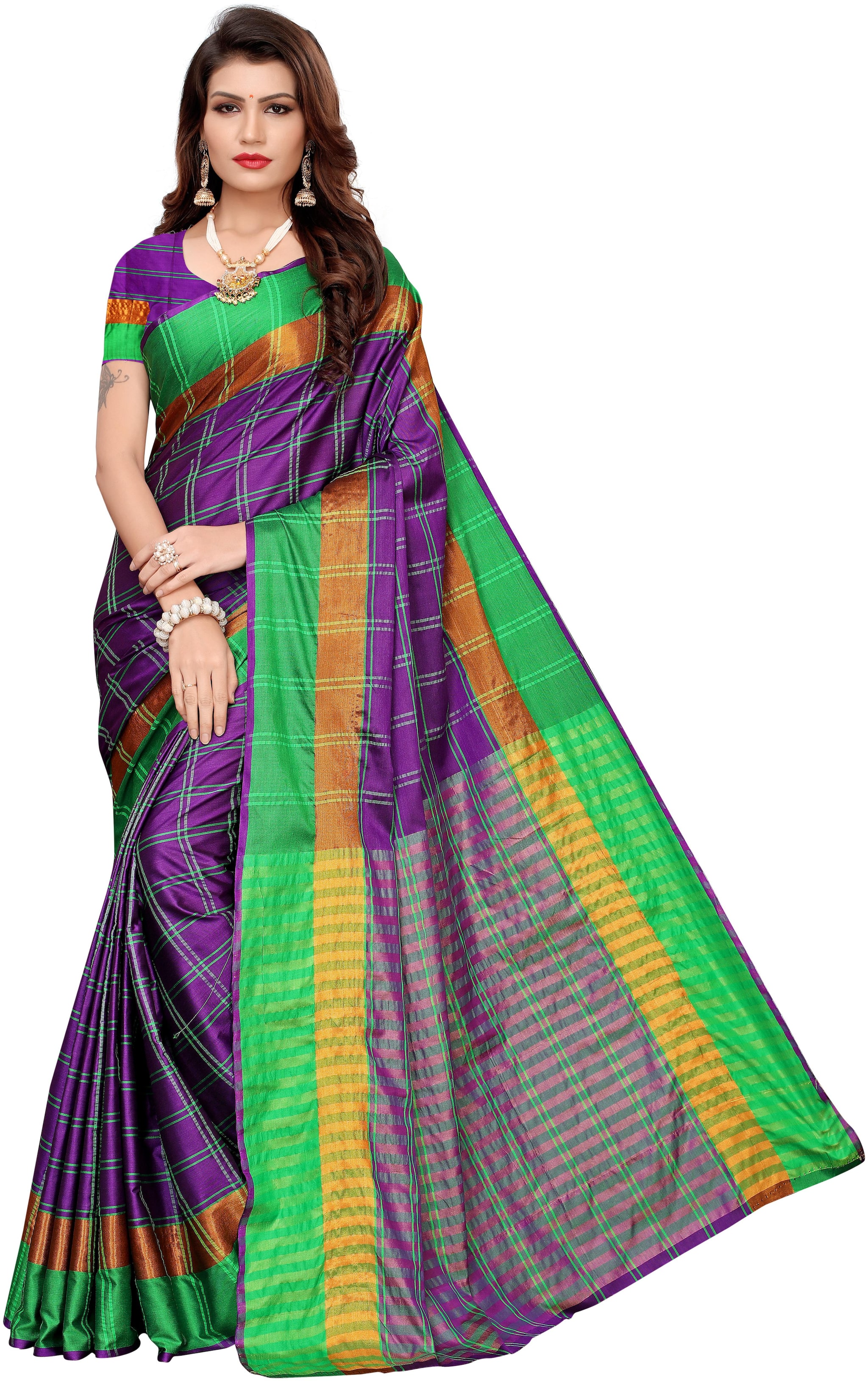 

Indian Beauty Purple Checkered Universal Regular Saree With Blouse With blouse