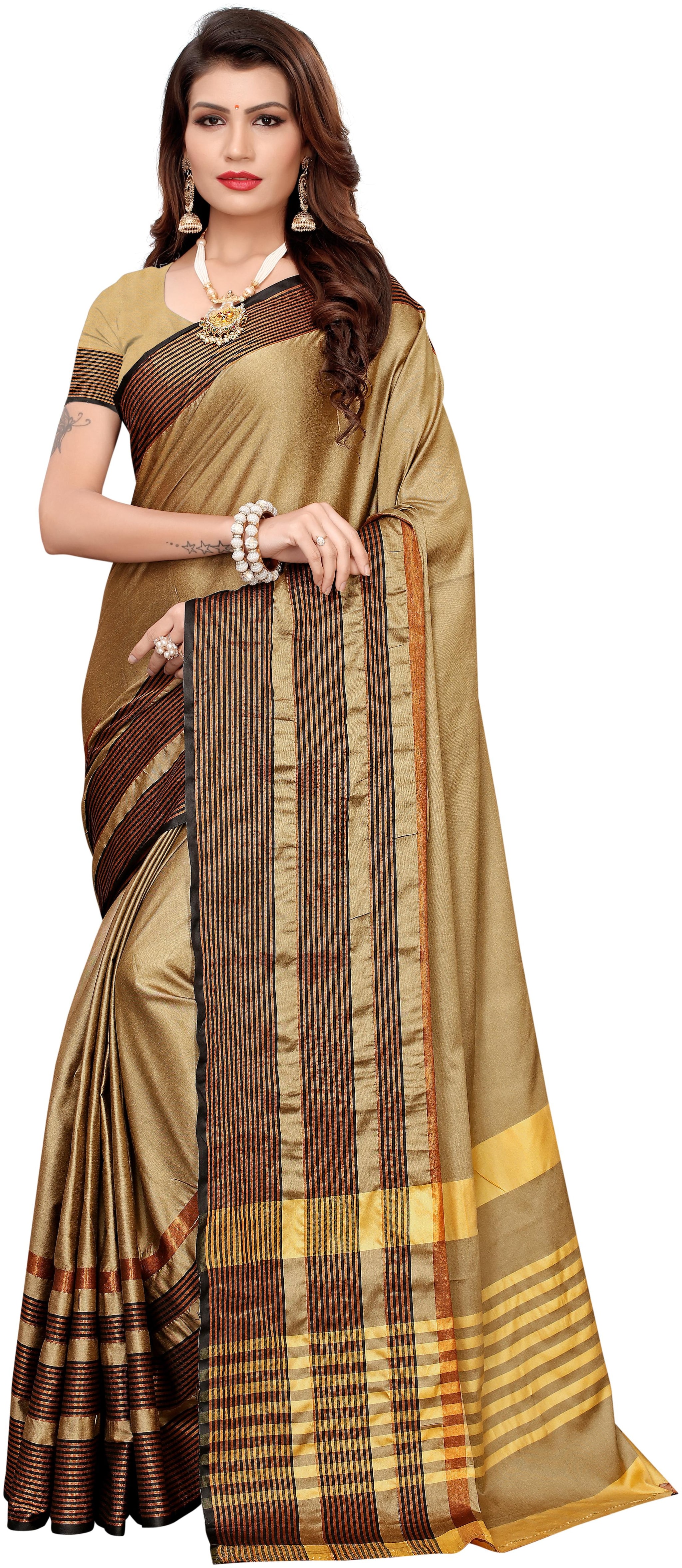 

Indian Beauty Beige Striped Universal Regular Saree With Blouse With blouse