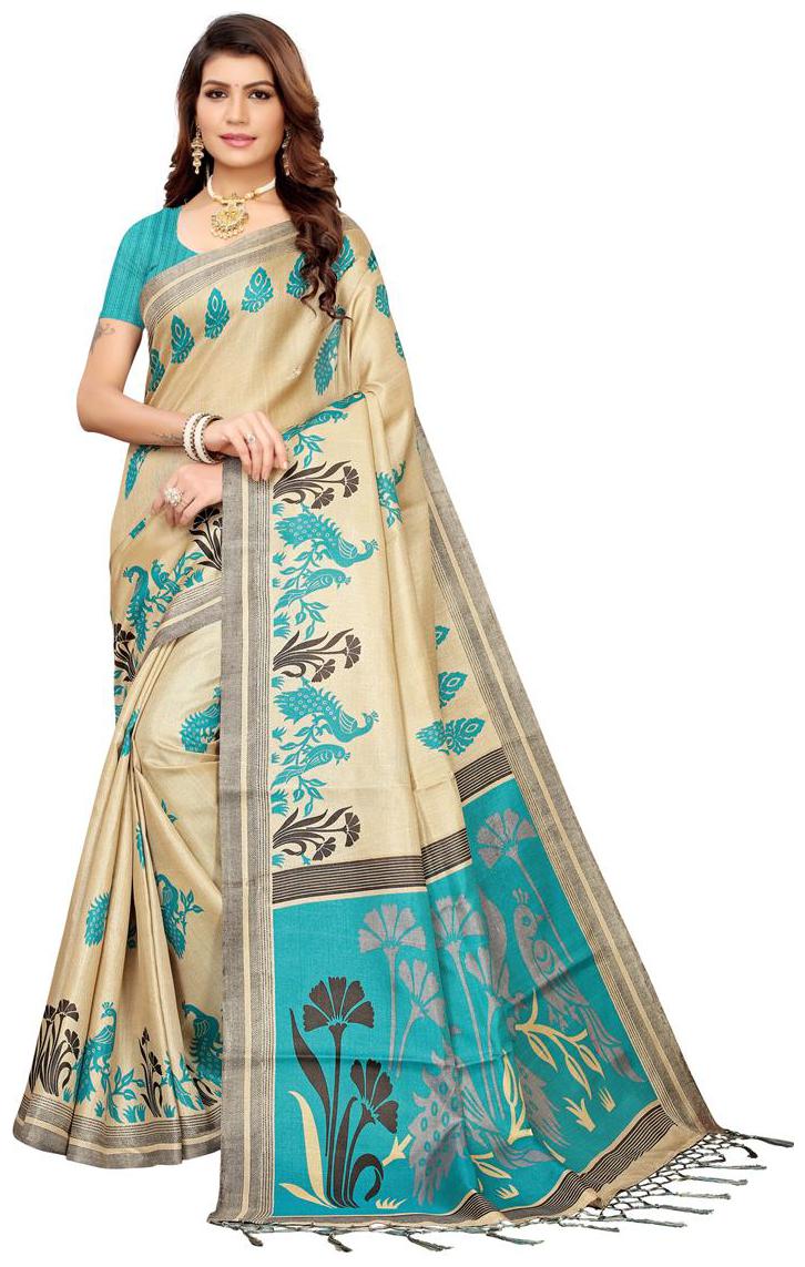 

Indian Beauty Women Blended Universal Turquoise Saree With Blouse