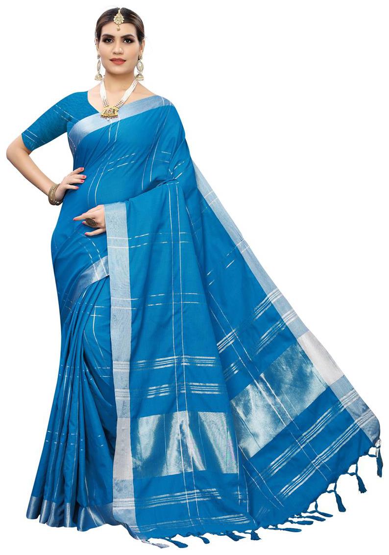 

Indian Beauty Linen Checkered Blue Saree