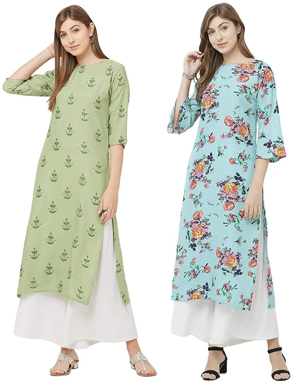 

Indian Beauty Women Green Blue Floral Regular Kurti