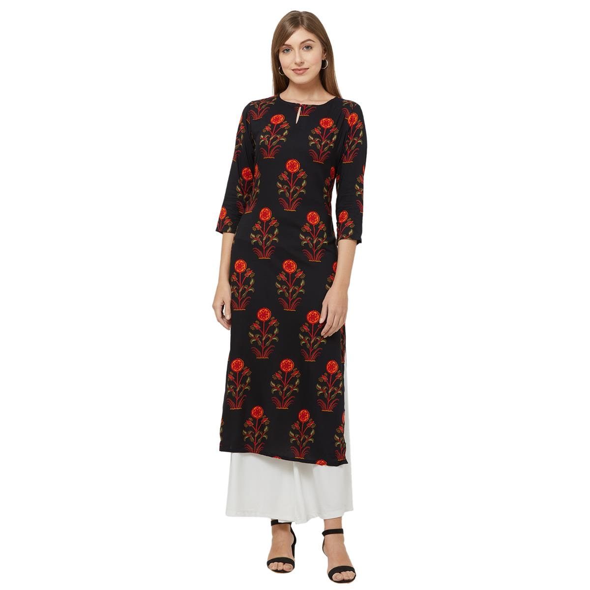 

Indian Beauty Women Black Floral Straight Kurti