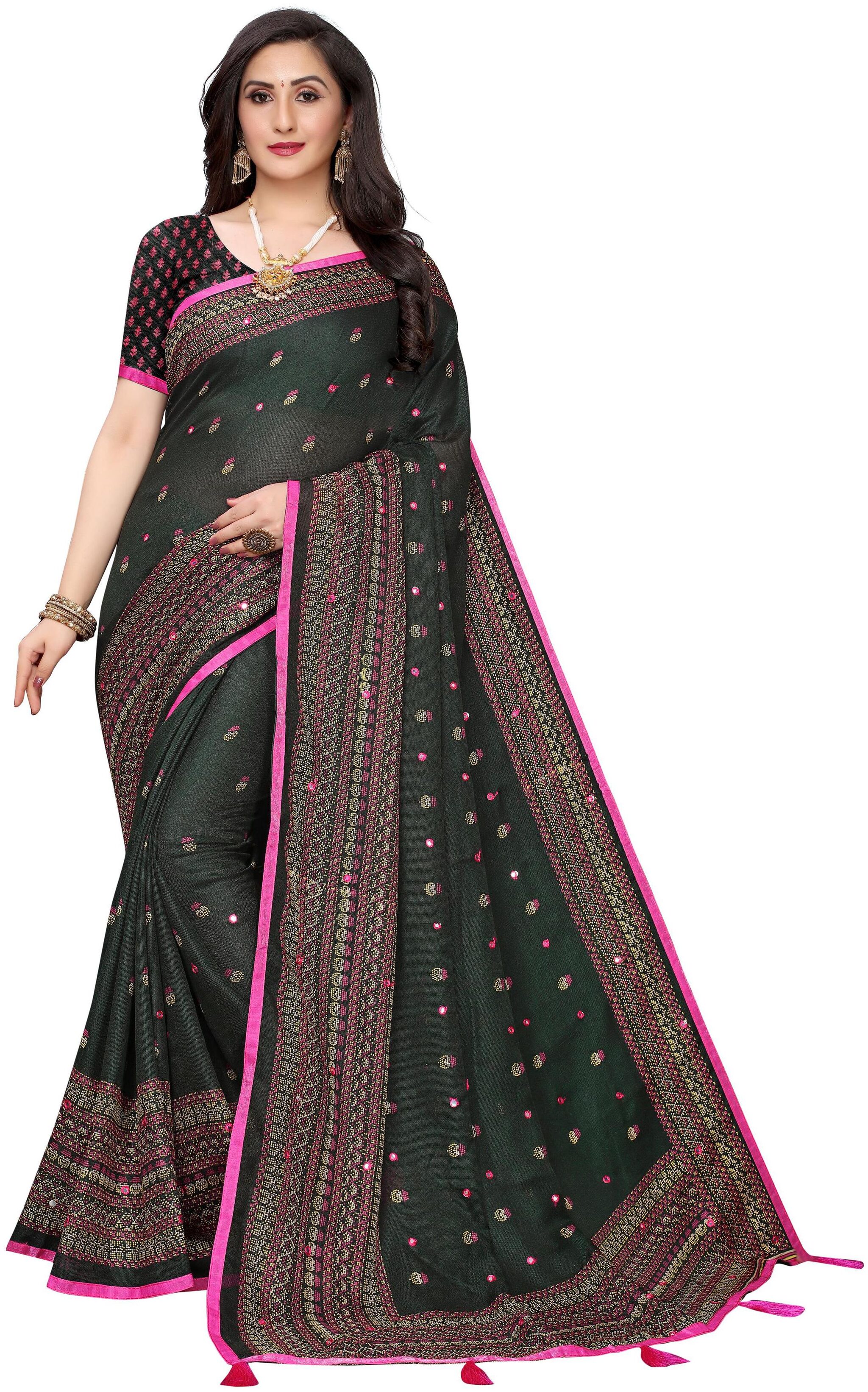 

Indian Beauty Women Silk Embroidered Green Designer Saree With Blouse